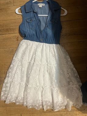 Knitworks Blue Denim Bodice with White Floral Tieredw Skirt Girls Dress